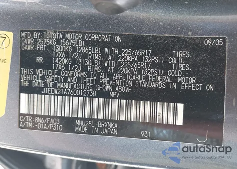 2006 Toyota Highlander Hybrid V6 z USA, uszkodzony, nr VIN JTEEW21A760012738